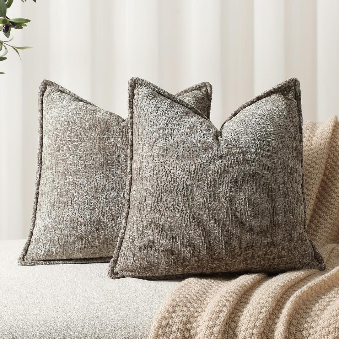 DEZENE Pack of 2 Grey Decorative Throw Pillow Covers 18x18 Cozy Soft Chenille Accent Vintage Square Couch Pillow Covers for Home Decor Bed Sofa Living Room