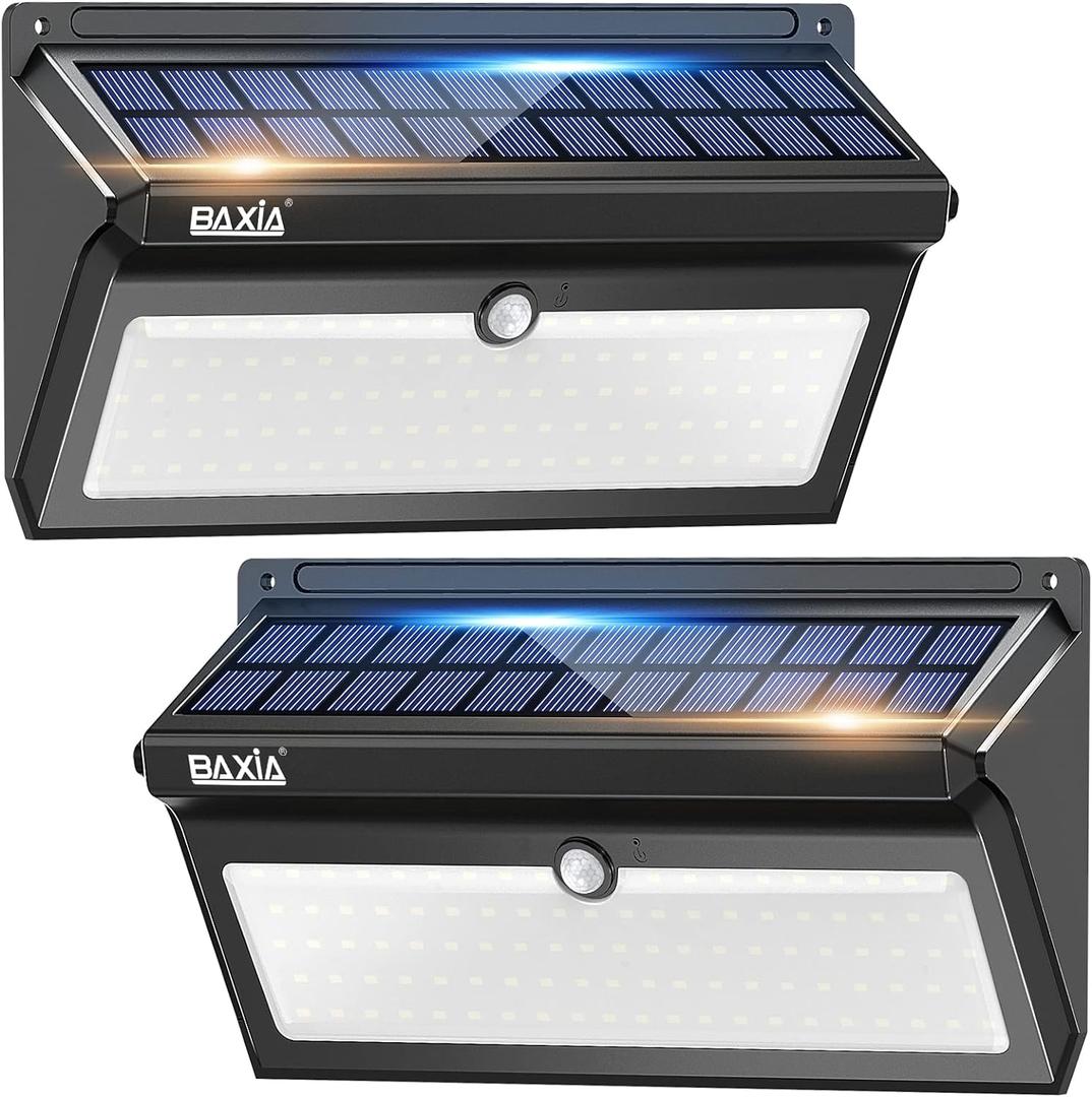 BAXIA TECHNOLOGY Solar Lights Outdoor Waterproof, 100 LED Solar Motion Sensor Lights with Wide Angle Super Bright Security Solar Wall Lights for Garden, Fence, Front Door, Yard, [2 Pack]