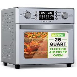 NutriChef 26L Electric Air Fryer Oven | 1700W Countertop Rotisserie & Air Fryer | 360 Rotating Feature | 10 Digital Menu Presets | Includes Drip Tray, Air Frying Basket & Bake Rack 15x16x14 (Silver)