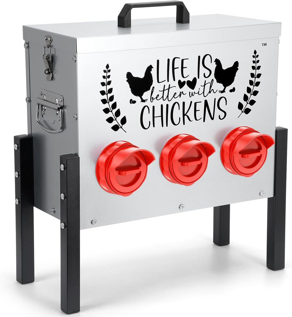 TGEYD 30 lb Chicken Feeder with 6 No-Waste Ports – Heavy-Duty Outdoor Metal Feeder with Adjustable Height, Locking Lid & Riveted Handles – Rustproof Feed Box for Poultry & Backyard Chickens