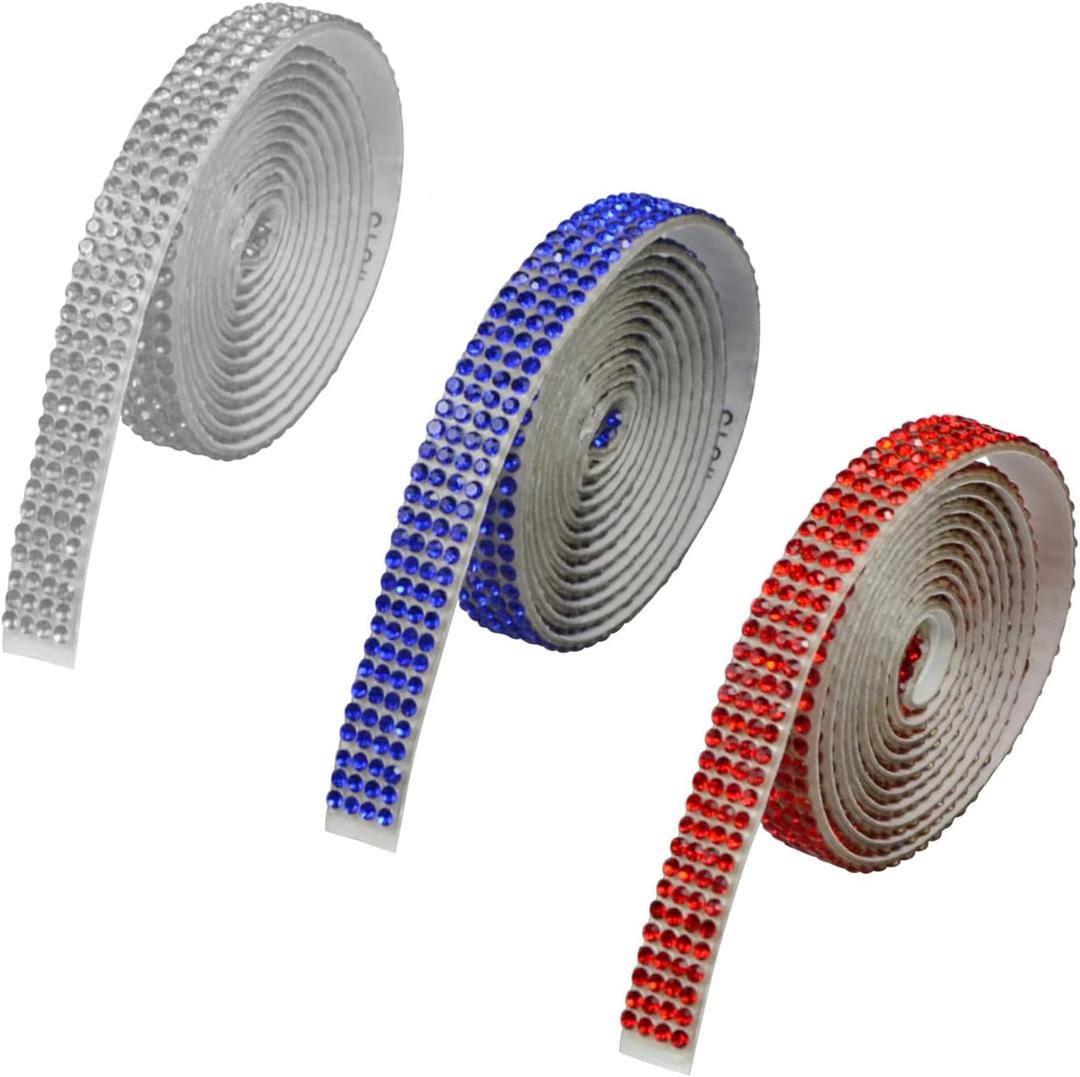 3 Rolls 0.35"1 Yd Rhinestone Ribbon Self-Adhesive Kit, Crystal Strips for DIY Crafts, Bouquet Wrap, Birthday & Wedding & Home Decor (3Pcs-White+Red+Sapphire Blue)