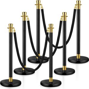 Wesiti Stainless Steel Stanchions Post with 3 Pcs 5 ft Black Velvet Rope, Red Carpet Ropes and Poles Black Crowd Control Barrier Ball Top Stanchions Sand Injection Hollow Base and Velvet Ropes (6 Pcs)