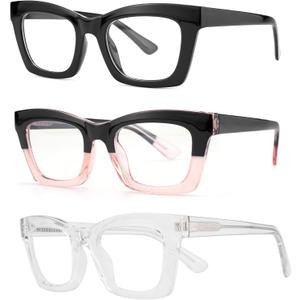 bullabulling 3 pack Oprah style Spring hinge Readers Blue Light Blocking Computer Square Reading Glasses for Women Men (Black/Clear/Blackpink)