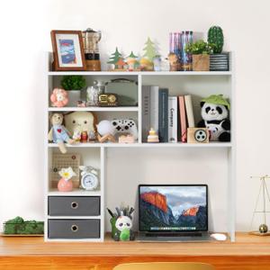 deli Desktop Bookshelf, High-Capacity Desk Hutch Organizer with 7 Shelves and 2 Drawers for Computer Desk, Desk Shelf Organizer for Dorm Office Home, White