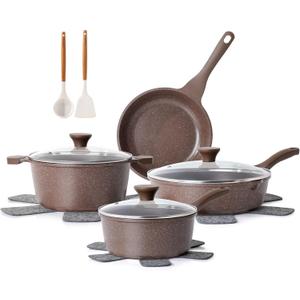 SENSARTE Nonstick Cookware Set 13-Piece, Healthy Pots and Pans Set Kitchen Cooking Set with Stay-Cool Handles, Silicone Utensils and Pot Protectors, PFOA Free (Toffee Brown)