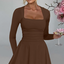 Kaximil Women's Square Neck Ruffle Hem Mini Dress Ruched Waist Long Sleeve Corset Short Party Dresses M
