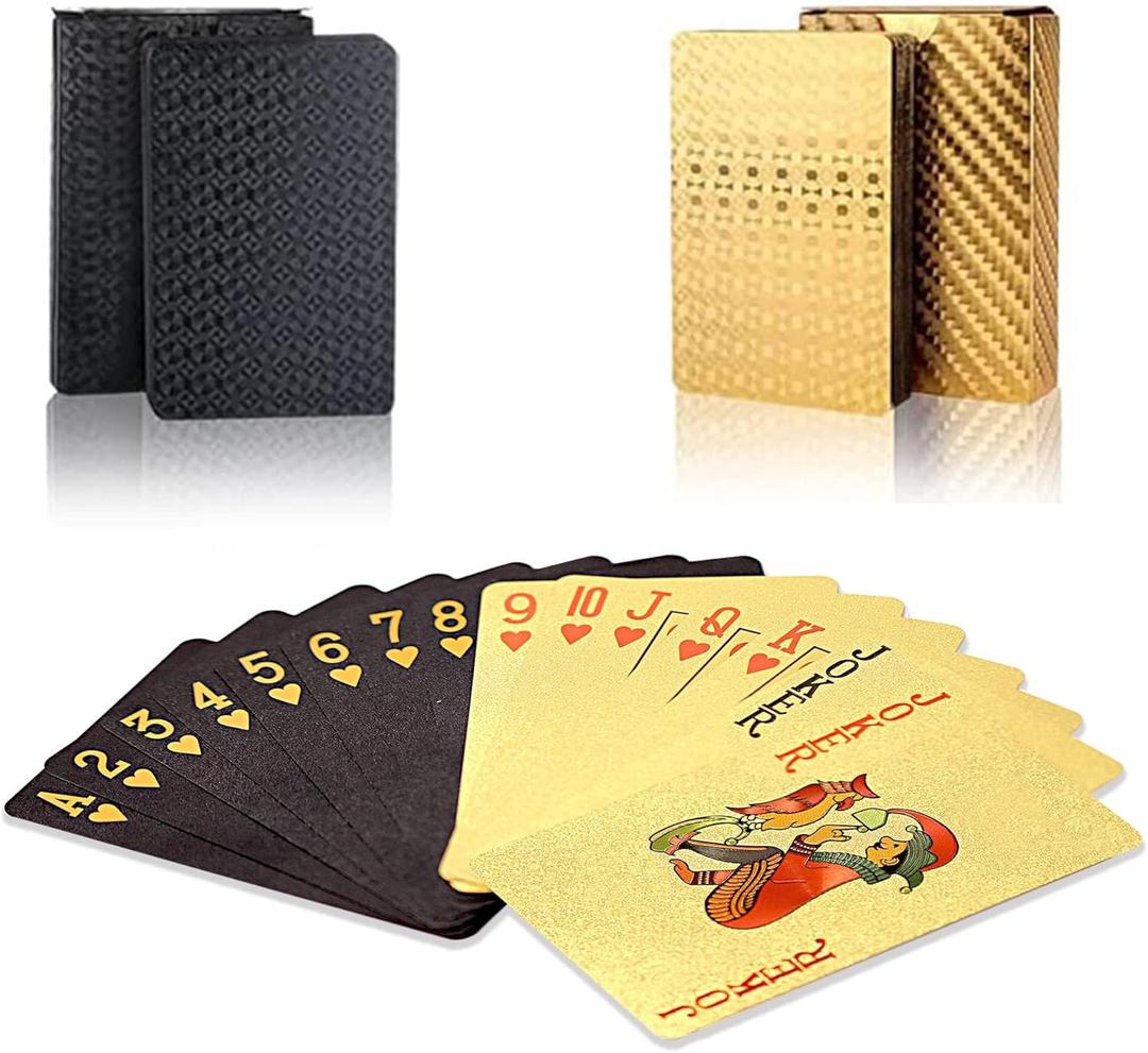 2 Pack Playing Cards - Black Gold Waterproof Plastic Playing Cards, Standard Index Poker Cards,Deck of Poker Cards for Party,Family