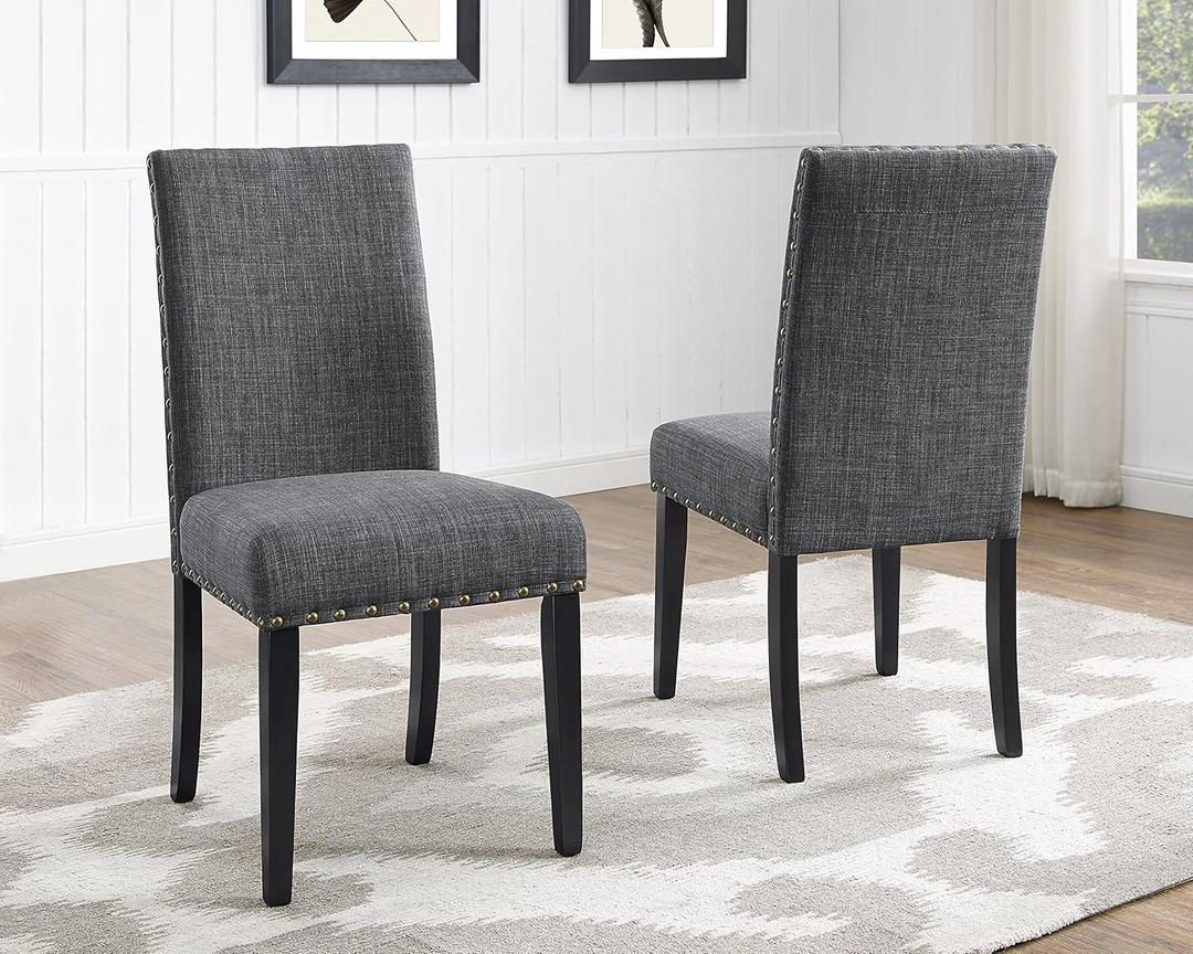 Roundhill Furniture Biony Gray Fabric Dining Chairs with Nailhead Trim, Pack of 2 (Grey)