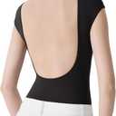 SUUKSESS Women Backless Y2k Short Sleeve Bodysuit Double Lined Open Back Sexy Basic Top (Small, Black)