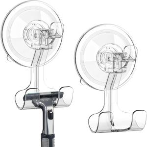 Large Suction Cup Hooks Shower Razor Holder - 2 Pack Heavy Duty Reusable Vacuum Shower Hook, Damage Free Wall Hooks for Bathroom Kitchen Towel Loofah Sponge Key Shaver Bathrobe Wreath (Clear)