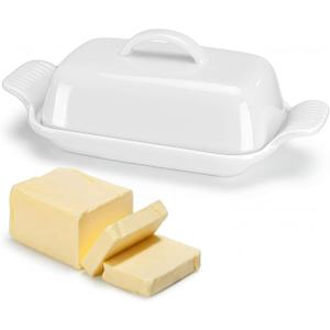 Qinyoung Ceramic Butter Dish with Lid for Countertop Extra Large Elegant Butter Dish Tray with Handle Durable Heavyweight Glazed Ceramic Kitchen Container Keeper Non-slip Base Minimalist(White)