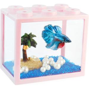 Small Betta Fish Tank, Stackable Mini Aquarium Tank Kit with Aquarium Gravel Pearl Decoration, 3/5 Gallon Fish Bowl Tiny Cube Tank for Seaweed Balls Sea Monkeys, Pink