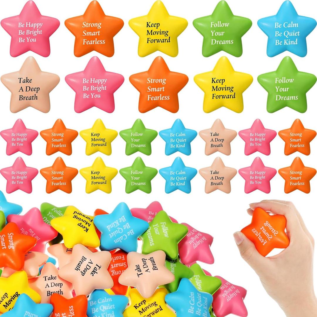 Aoriher 60 Pcs Motivational Stress Balls Quotes Inspirational Funny Colorful Foam Balls Bulk Hand Exercise Stress Relief Gift for Office Small Anxiety Toys for Encouraging(Multi Colors,Star)