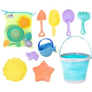 Dejaroo - Beach Toys, Sand Box Toys for Kids Outdoor, Set of Sand Toys with Silicone Collapsible Bucket, Kids Watering Can, Shovels, & A Variety of Molds, Includes Storage Pouch, 9-Piece Set