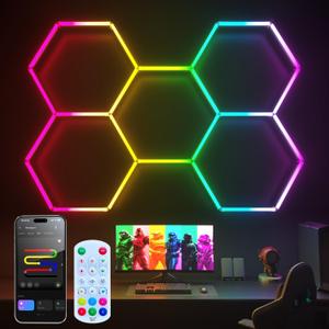 RGB Hexagon Garage Lights, Music Sync LED Hexagon Lights for Gaming Room, Smart App & Remote Control, DIY Honeycomb Ceiling Light for Studio Gym Basement Deco
