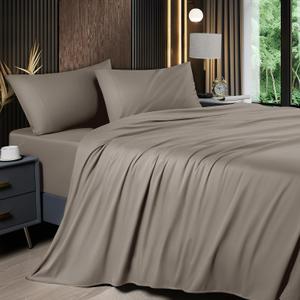 Shilucheng 4 Piece Full Sheet Sets, Cooling Sheets, Blend Rayon Derived from Bamboo, Deep Pocket Up to 16", Breathable & Soft Bed Sheets, Hotel Silky Bedding Set, Taupe