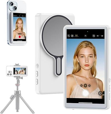 Vlog Selfie Monitor Screen iPhone, 4K 60fps Recording, Wireless Screen Mirroring with Remote Control, Magnetic Fixation, 180° Rotation, 3 Levels of Brightness, Compatible with iPhone & Android