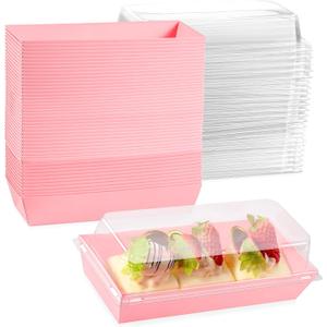 50 Pack 7.5x3.3 Inches Small Clear Treat Boxes-Dessert Boxes To Go-Disposable Paper Mini Containers for Cookie, Cake Slice, Charcuterie, Bakery, Pastry, Strawberry, Baked Goods Packaging (Pink)