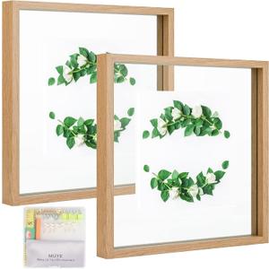 MUYE 10x10 Floating Frame Set of 2, Double Glass Square Photo Frame, Display Any Size Photo up to 10x10, Wall Mount or Tabletop Standing, Natural