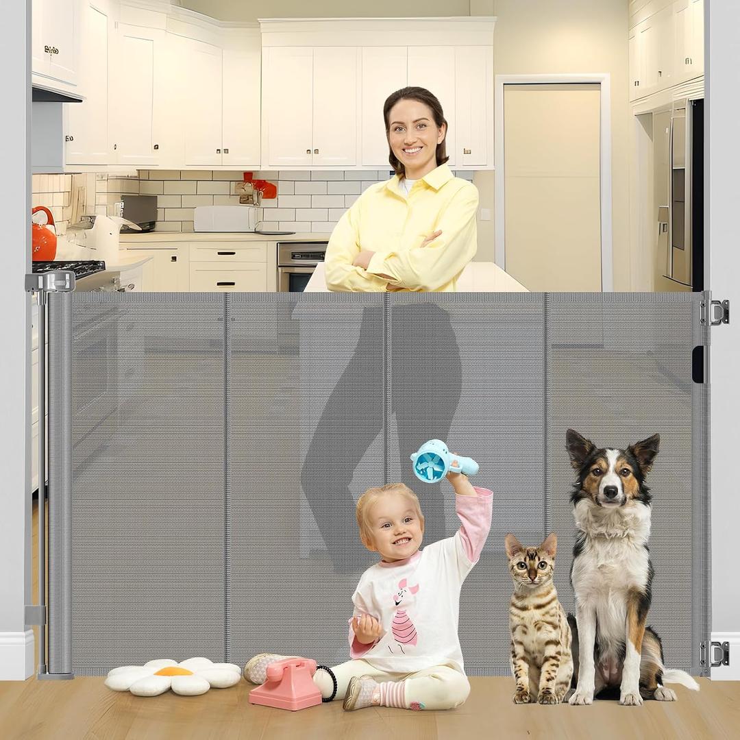 Reinforced 42" Tall X 80" Wide Retractable Baby Gate Extra Tall Cat Gate for Stairs No Sag Retractable Baby Gates for Doorways No Wrinkle Mesh Gates for Kids or Pets with Reinforced Strips, Gray
