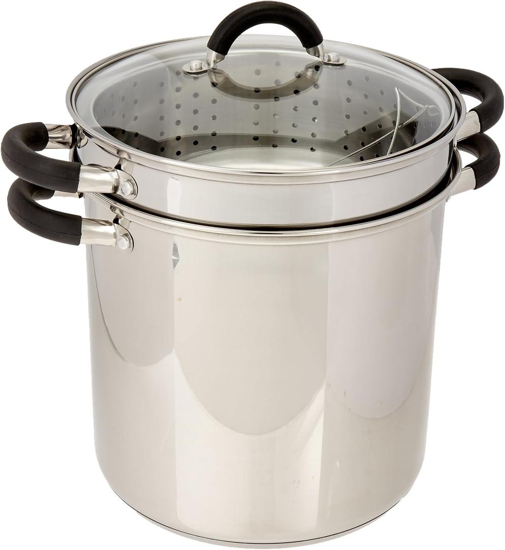 ExcelSteel 12 Qt Multifunction Stainless Steel Pasta Cooker with Encapsulated Base, Vented Glass Lid, and Riveted Silicone Covered Handles, 12 Quarts