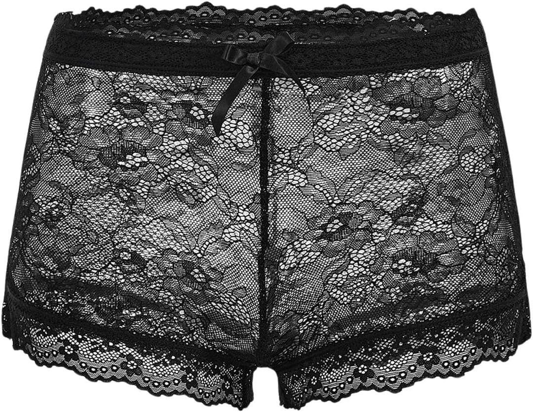 OYOANGLE Women's Floral Lace See Through Shorts Elastic Waist Bow Knot Y2k Going Out Shorts (Medium, Black)