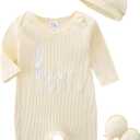 Newborn Unisex Baby Clothes 0-3 Months,Long Sleeve Onesie Infant Coming Home Outfits Romper with Mittens & Hat (Beige)