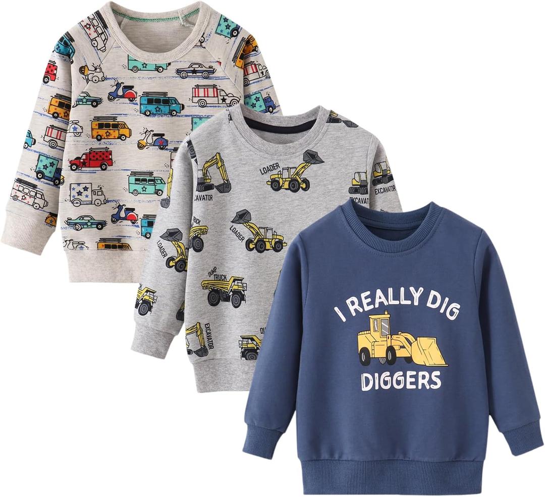 BeiVSlley Toddler Boys 3 Pack Cotton Pullover Crewneck Sweatshirt Long Sleeve Cartoon Shirt Sweaters Tops (5-6 Years, Truck)