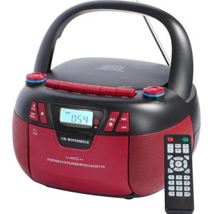 Boombox CD Player with Bluetooth and Cassette Player | Portable AM/FM Radio, MP3/USB/AUX Input, Stereo Sound System with Recorder, AC & Battery Powered for Home & Outdoor (RED)