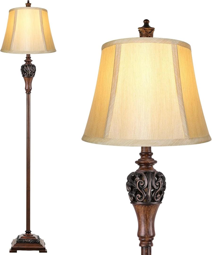 Vintage Floor Lamp for Living Room Traditional Farmhouse Tall Standing Lamp Mid-century Antique Bedroom Pole Lamp with Bell Shape Faux Silk Shade Elegant Rustic Bright Lighting for Reading Home Decor (Beige & Brown)