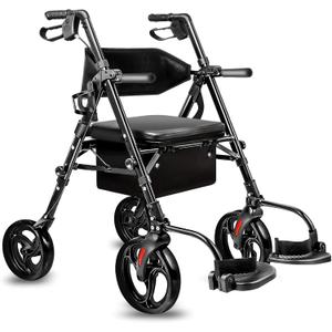 Foldable Rollator Walkers with Seat for Seniors & Adults Lightweight 2-in-1 Walker and Wheelchair Combo Adjustable Handle Height and Seat Transport Chair with Brakes 300 lbs Weight Capacity