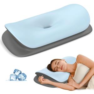 Olumoon Cervical Neck Pillow - Ergonomic Memory Foam Contour Pillows for Side, Back & Stomach Sleepers, Cervical Pillow for Neck Support Sleeping with Breathable Cover (Blue&grey)