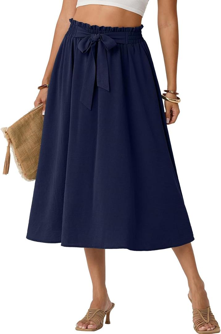 Lepunuo Skirts for Women High Waisted Flowy Summer Midi Knee Length Long Skirt Beach Vacation with Pockets, Medium