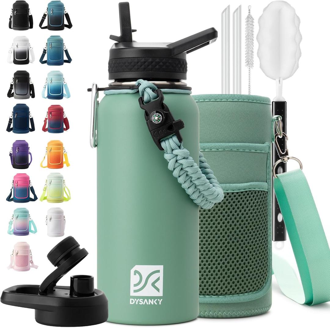 Insulated Water Bottle | Thickened Stainless Steel Vacuum Metal | Portable Sports Water Jug for Gym and Hiking with Straw, Carrier Bag, Handle Strap | BPA-Free 32 oz (Verdant)