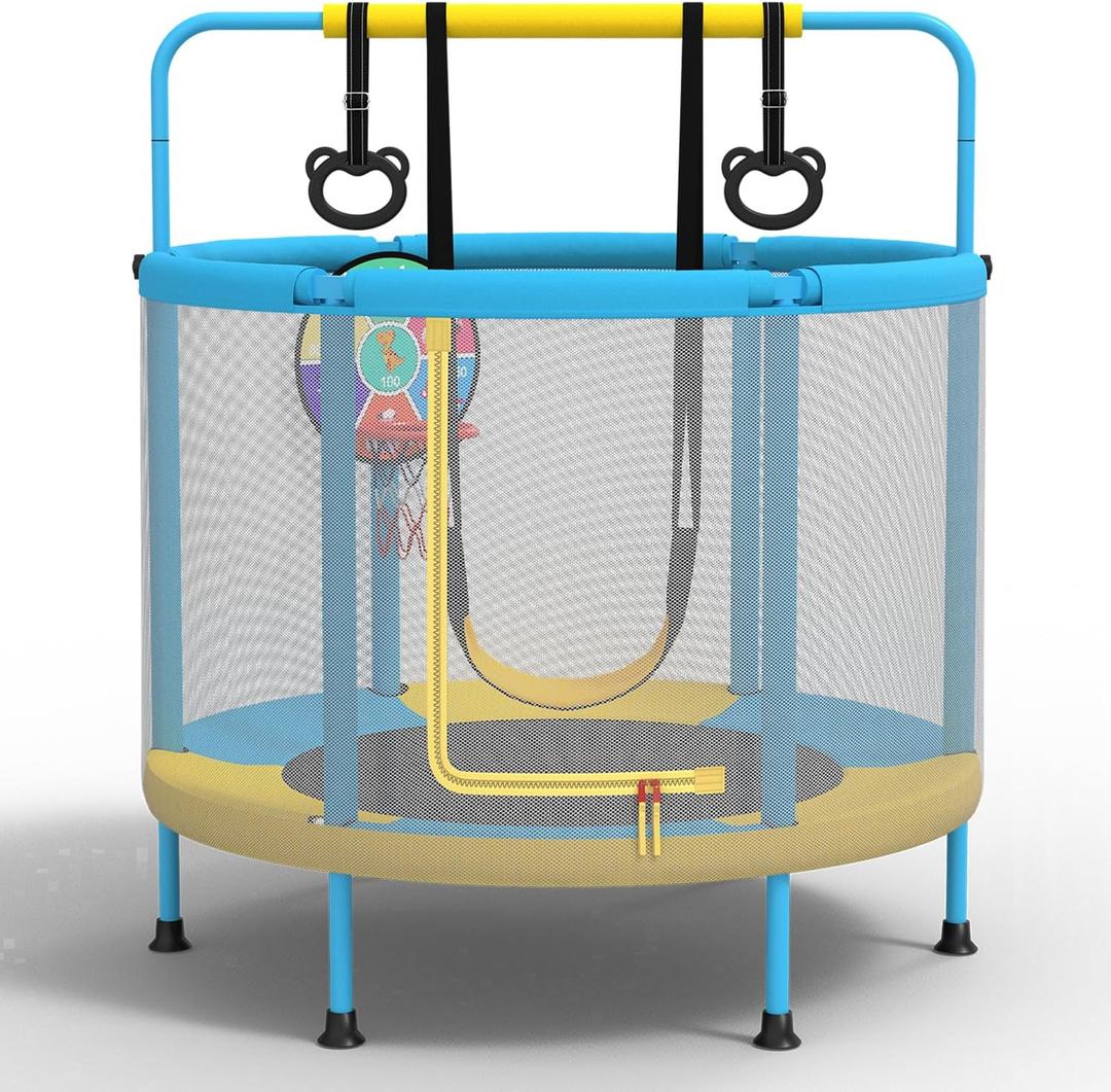LANGXUN 60" Trampoline for Kids, 5ft Toddler Mini 6-in-1 Trampoline Indoor Outdoor with Swing, Basketball Hoop, Dart Board, Gymnastics Bar, Rings, Christmas Toys Birthday Gifts for Girls Boys Age 1-8
