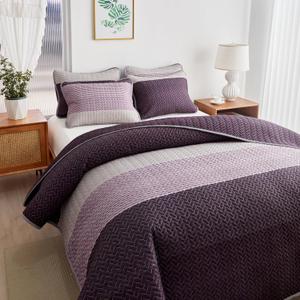 Flysheep Boho Striped Quilt Set Full Queen Size, 3 Pcs Purple and Grey Reversible Bedspread, Brushed Microfiber Coverlet for All Season, 1 Quilt + 2 Pillow Shams