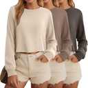 Ficerd 3 Pack Cotton Cropped Long Sleeve Tops for Women Loose Fit Crew Neck Drop Shoulder Crop T Shirts Basic Tee, Size XXL