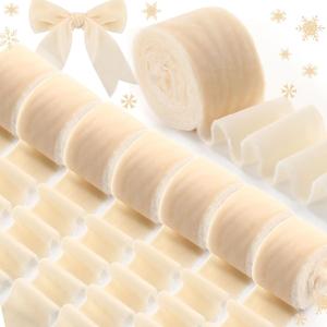 24 Yards Christmas Velvet Wrapping Ribbon, 8 Roll Silk Frayed Handmade Velvet Ribbon for Wedding Bouquet Invitation Christmas Wreaths Decor Gift Wrapping Cards DIY (Ivory)