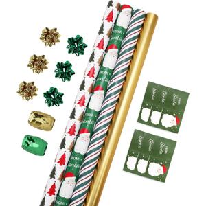 LaRibbons Christmas Wrapping Paper Set, Classic Santa & Stripe Design with Gift Bow & Ribbons & Tags, Perfect for Holiday, Party, Xmas Celebration,30 Inch X 10 Feet (4Rolls, 100 sq.ft.ttl.)