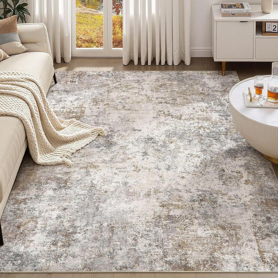 7x10 Area Rug Living Room Rugs Washable Neutral Brown Grey Carpet