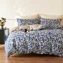 Navy Floral Cotton Comforter King Size 3PC - Elegant White Flowers Pattern on BlueTaupe Back, Lightweight Bedding Sets with Ultra-Soft Alternative Fill, (1 Comforter, 2 Pillowshams)