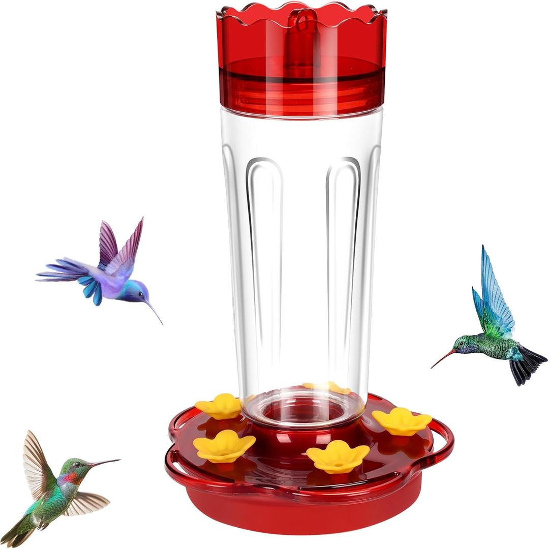Glass Hummingbird Feeders for Outdoors Hanging Ant and Bee Proof, 1 Pack 15 Ounces Red Hummingbird Feeder with 5 Feeding Ports and Perches, Built-in Ant Moat, Outside Garden Dcor (Glass, 1)