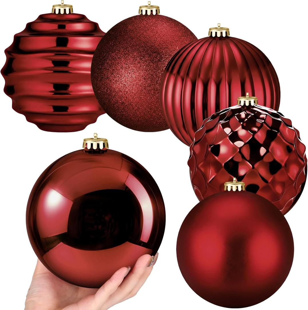 Syhood 6 Pcs 6 Inch Extra Large Christmas Balls Ornaments Oversized Christmas Tree Decoration Huge Plastic Shatterproof Hanging Balls for Xmas Holiday Party Supplies, 6 Styles (Burgundy)