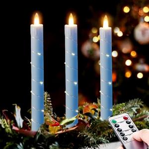 Flameless Cone Candle with Built-in Star String Light, 11 Button Remote Control, Timer, Battery Powered, Analog Flame, 3 Pack of Window Candles, Christmas Home & Wedding Decoration (Sky Blue)