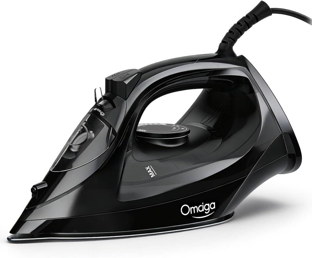 OMAIGA Steam Iron for Clothes, 1500W Iron with Rapid Heating, Non-Stick Ceramic Soleplate, Burst of Steam, Self-Cleaning, Auto-Off, Anti-Drip, 11.84oz Water Tank Ironing Clothes for Home, Black
