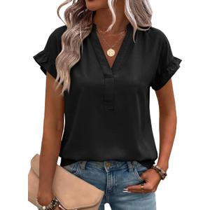 Tankaneo Womens Dressy Casual Tops Ruffle Short Sleeve V Neck Work Blouses Summer Business Casual Cotton Shirts Medium