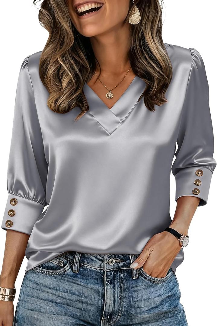 RICHSTORY Blouses for Women Dressy Casual V Neck Silk Satin Shirts Trendy 3/ 4 Length Sleeve Womens Tops Business Casual Outfits Professional Top Grey Medium