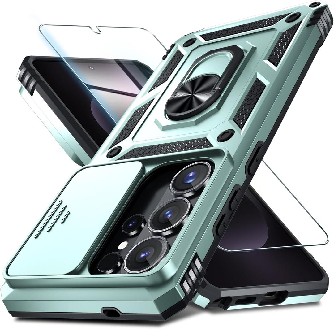 Janmitta Compatible with Samsung Galaxy S26 Ultra Case Built in Slide Camera Lens Cover+Screen Protector+Finger Ring Holder Kickstand,Heavy Duty Shockproof Full Body Phone Cover,2026 Dark Green