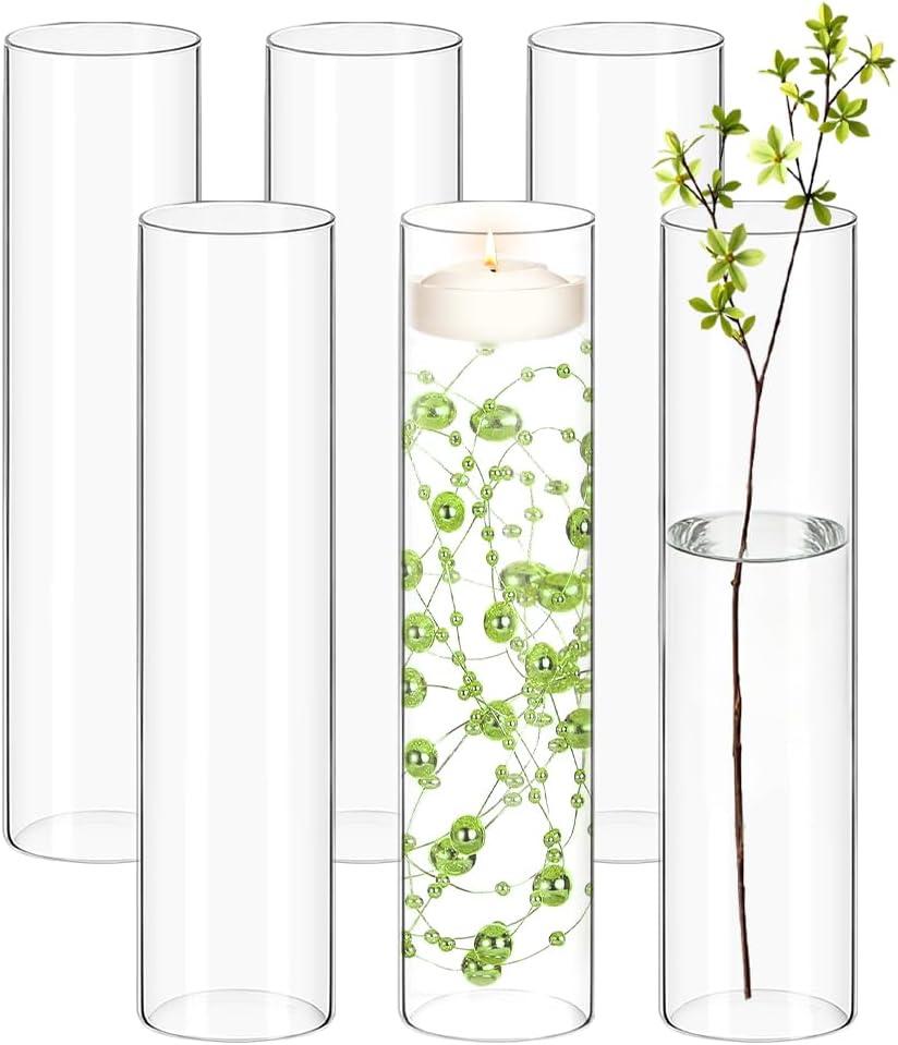 6 Pack Glass Cylinder Flower Vases for Centerpieces 16 Inch Tall Bulk Clear Vase Hurricane Floating Candle Holder for Table Home Decoration Wedding Holiday Floral Shelf Party Dining Decor