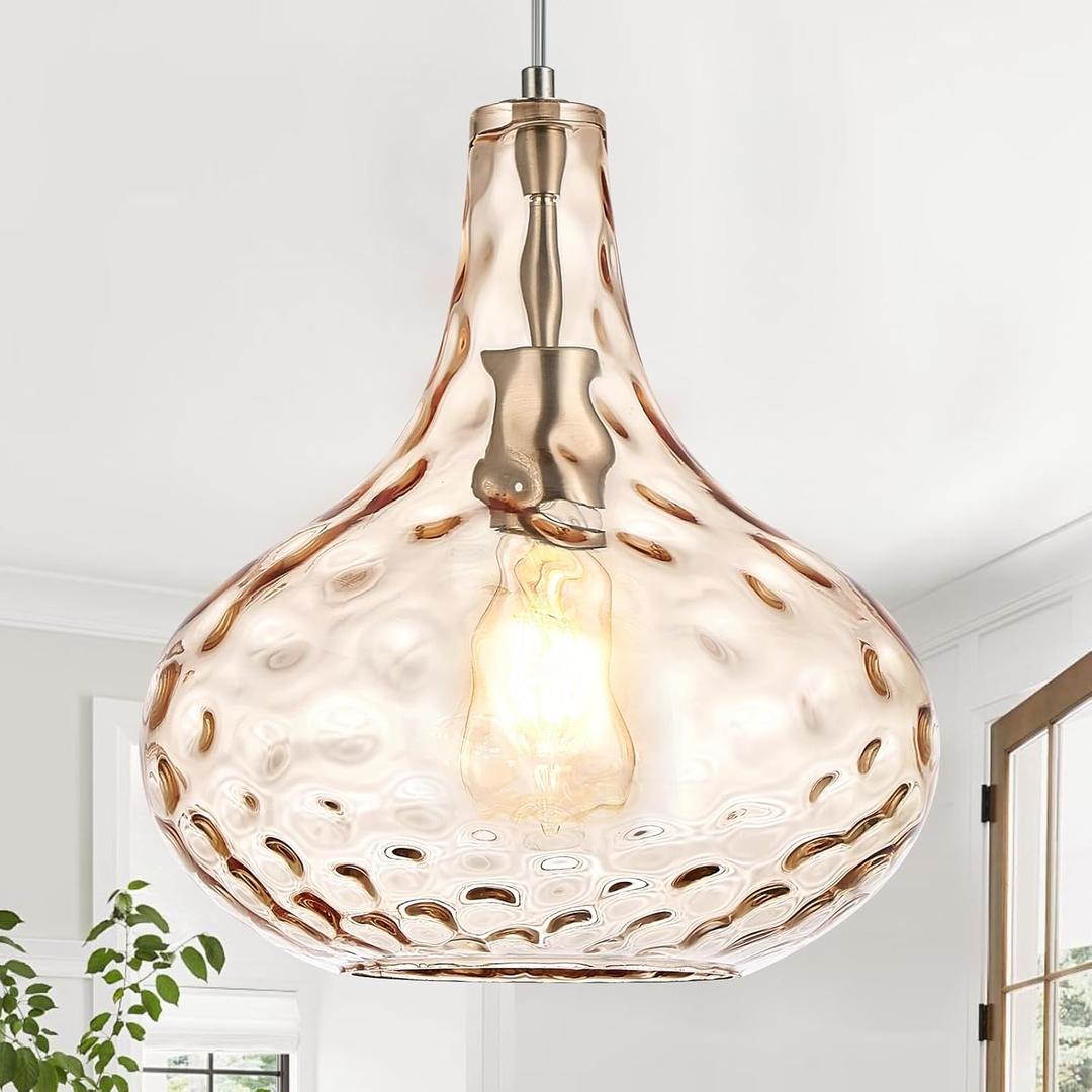11" Amber Hammered Glass Pendant Light, Blown Glass Hanging Light Fixture with Brushed Nickel Finish, Vintage Modern Ceiling Light for Kitchen Island, Dining Room, Hallway, Living Room